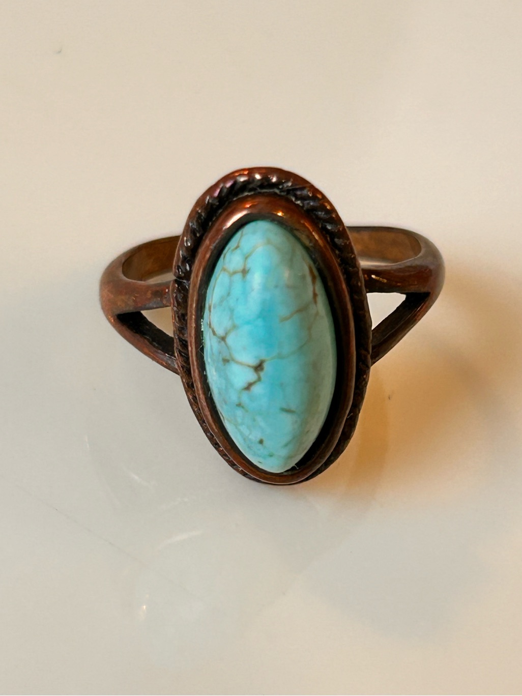 Turquoise Oval Stone Copper Ring, Size 6.75 Western Bohemian